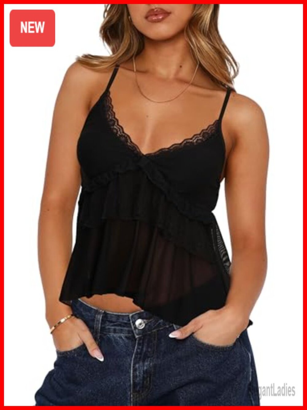 Sheer Mesh Lace Cami Top Deep V Neck Spaghetti Strap Babydoll Tank Sleeveless